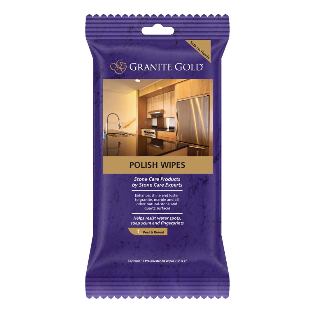 Granite Gold Polish Wipes Streak-Free Shine for Granite, Quartz, Marble, Travertine, Natural Stone Countertops, 18 Count, 1-Pack