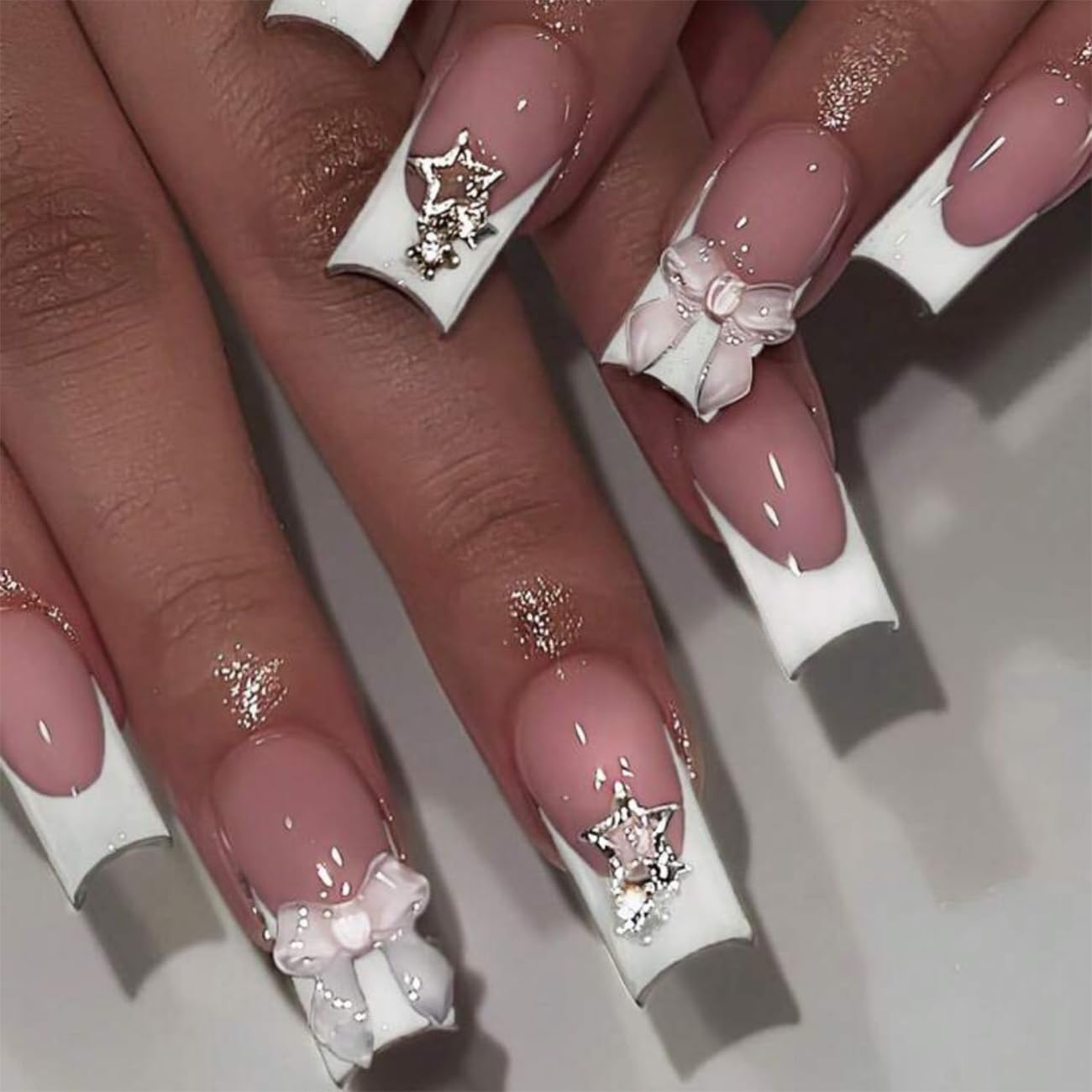 24pcs French Tip Press-On Nails - Short, Charms, Bow, Flower Design, Pink, Cute, Square Shape, Acrylic, Rhinestones
