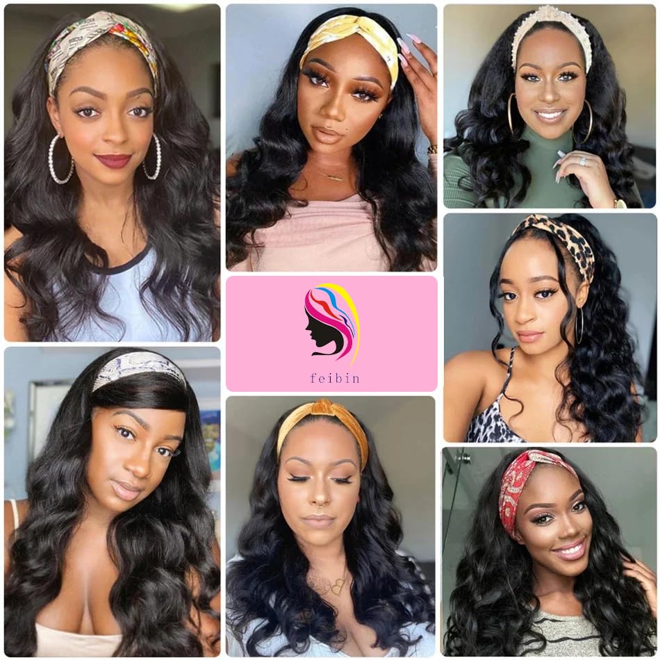 Headband Wig - Human Hair Body Wave for Black Women | 14 Inch Glueless, Natural Black, 150% Density