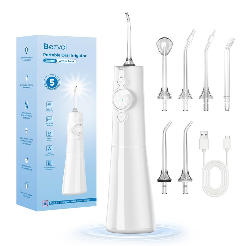 Water Flosser Teeth Pick: LED Display 5 Modes Cordless Dental Pick with 300ML Tank for Braces,Gums Care, IPX7 Waterpoof, 6 Jet Tips Water Flossing Cleaning Picks, Portable for Travel, Home, Y215 White