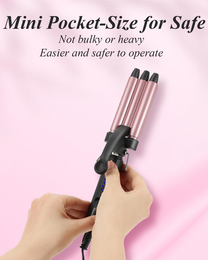 Mini Hair Crimper 4 Temperature Adjustable, 1/2 Inch Small 3 Barrel Curling Iron Hair Waver Dual Voltage Travel Size, Tiny Crimper Hair Tool Create Natural Tight Beachy Waves (Rose Pink)