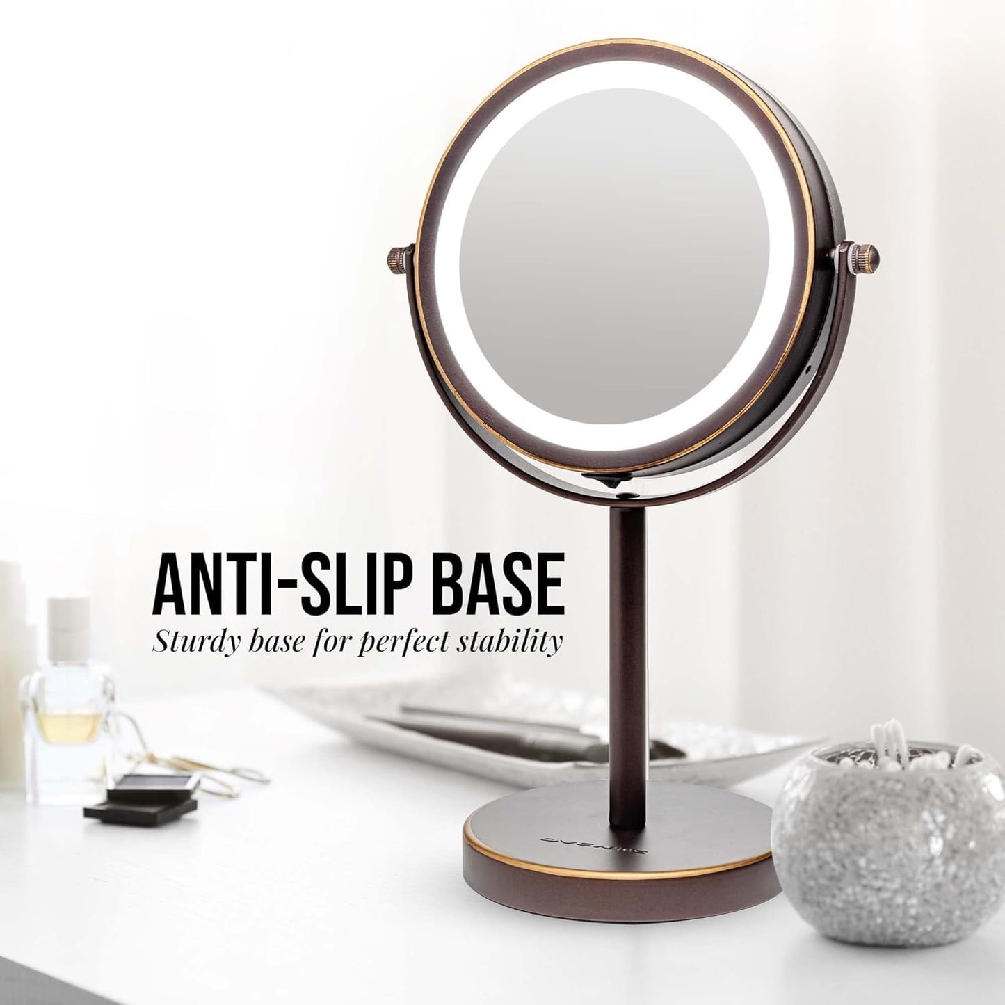 OVENTE 6" Lighted Makeup Mirror with 1X/7X Magnification, Cordless Tabletop Mount Vanity Round Mirror with 360° Swivel Design and Double Sided Cool Tone LED Ring Light, Antique Bronze MLT60ABZ1X7X