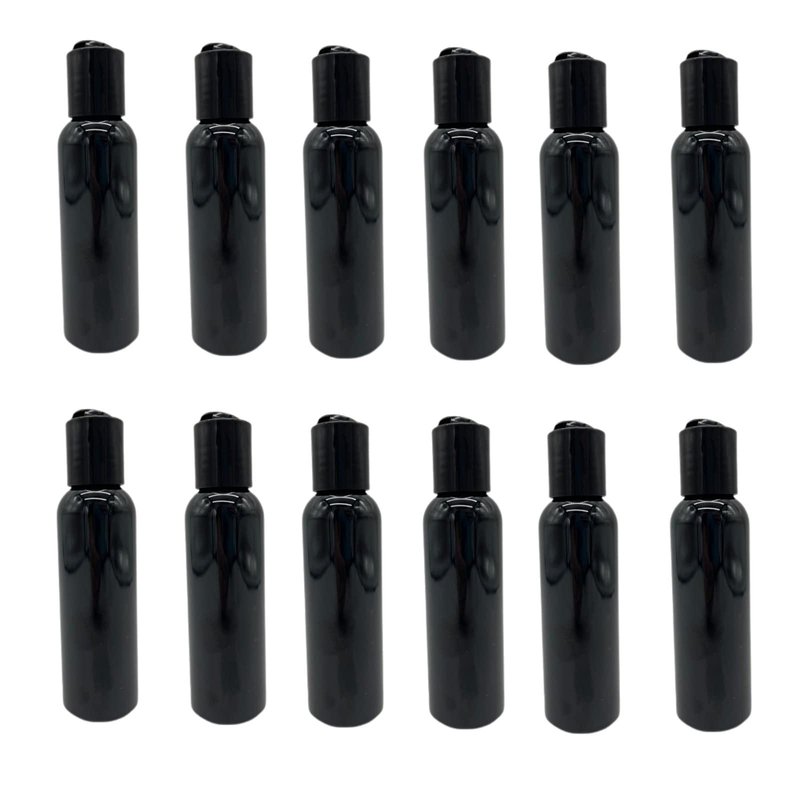 Natural Farms 2 oz Black Cosmo Plastic Bottles -12 Pack Empty Bottle Refillable - BPA Free - Essential Oils - Aromatherapy | Black Disc Caps - Made in the USA