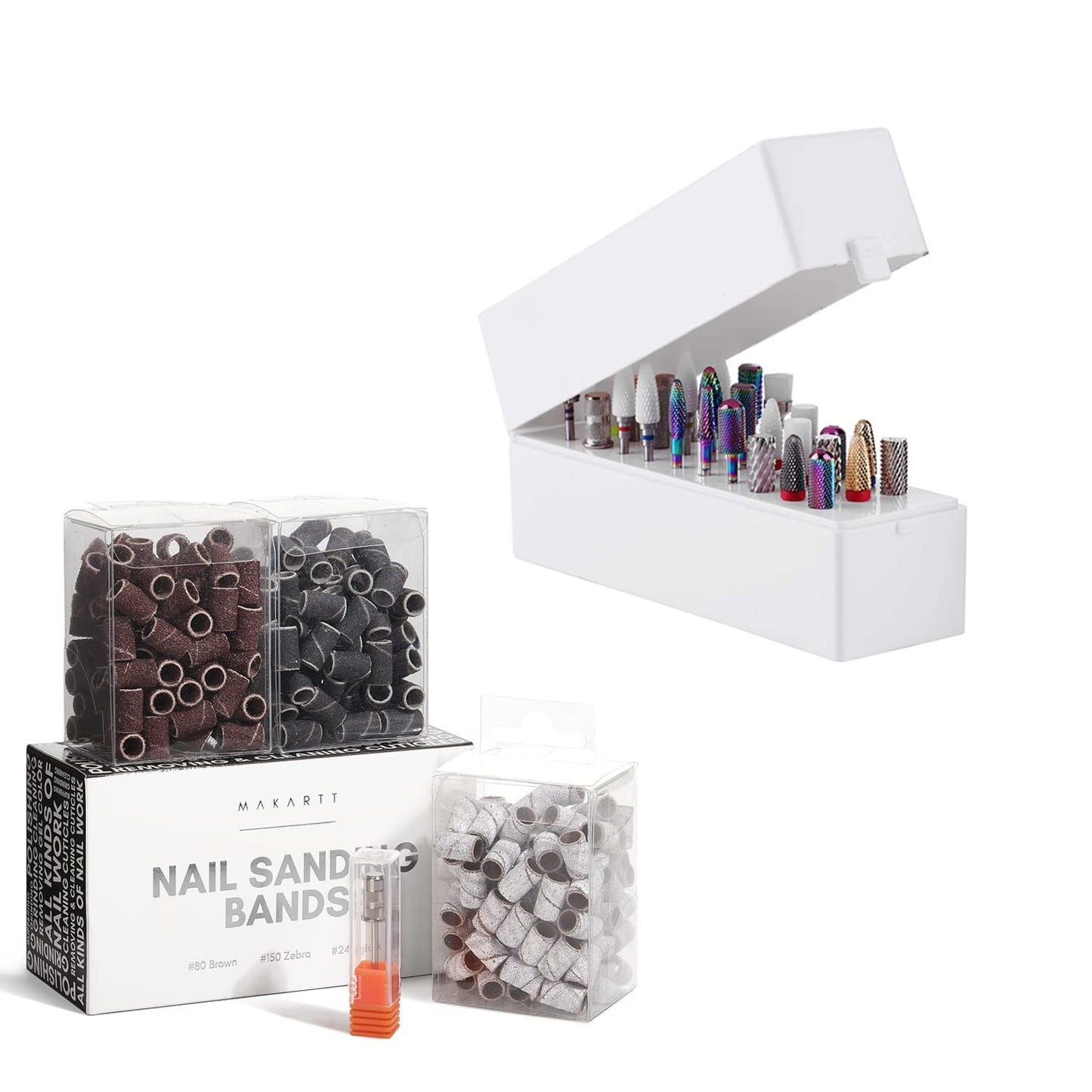 Nail Drill Bits - 300 Pcs Sanding Bands Set with Dustproof Holder | Grits #80, #150, #240