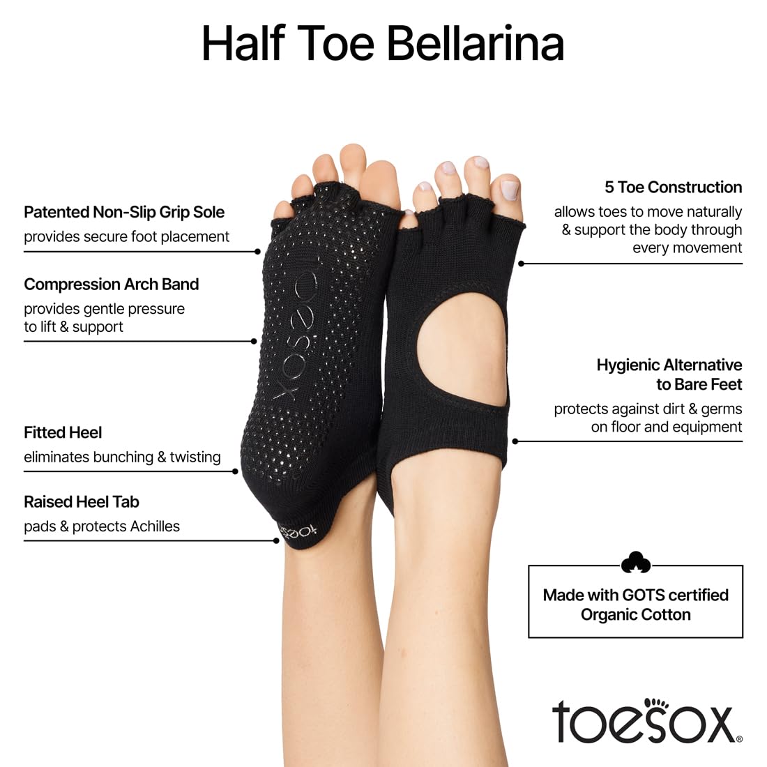 toesox Women's Bellarina Half Toe Grip Socks, Multi Pack - Non-Slip Pilates Socks with Grips for Yoga, Barre and Dance