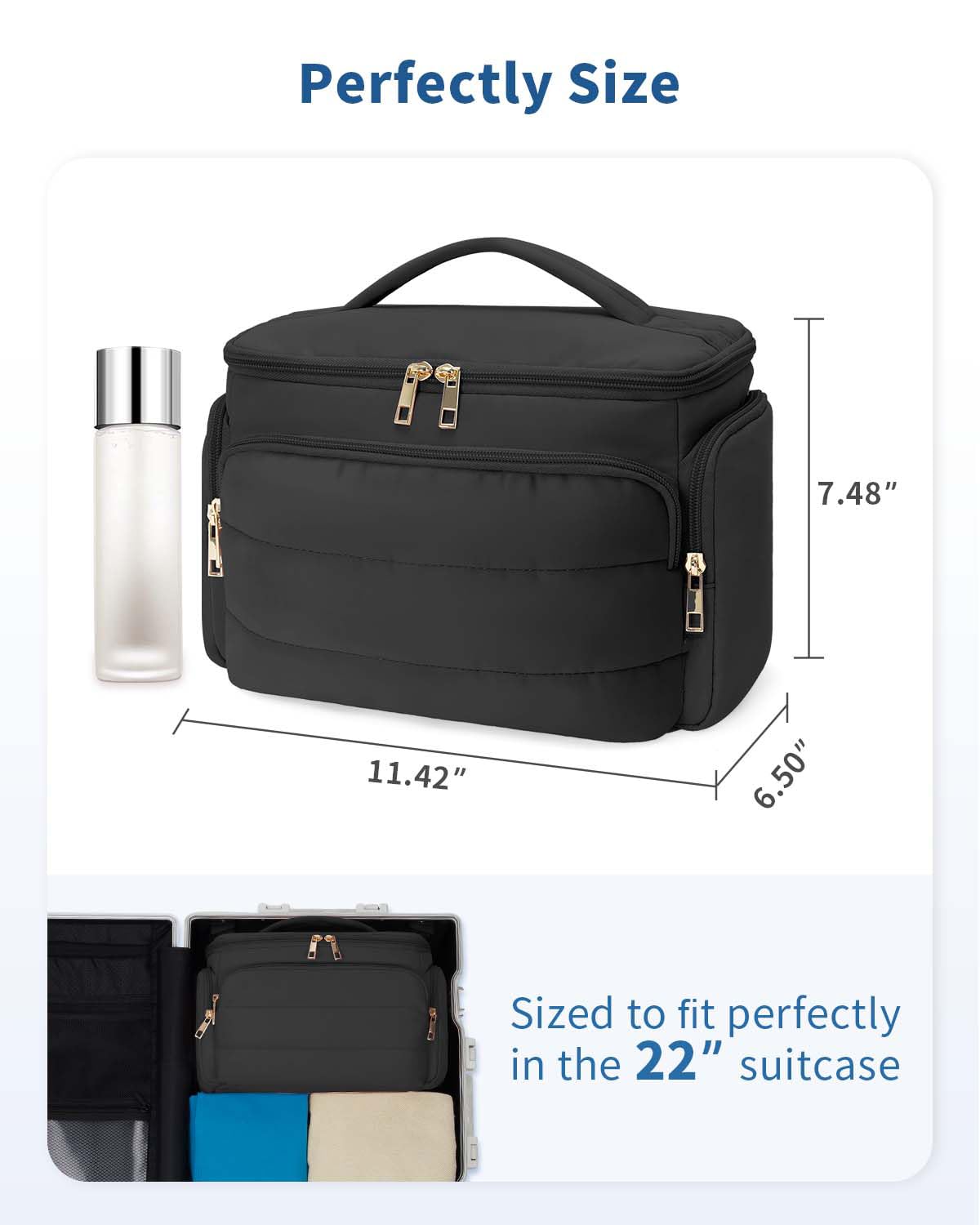 WANDF Travel Toiletry Bag for Women, Wide-open Large Makeup Bag with Handle, Puffy Makeup Organizer for Toiletries, Cosmetics, Accessories, Essentials (Black)