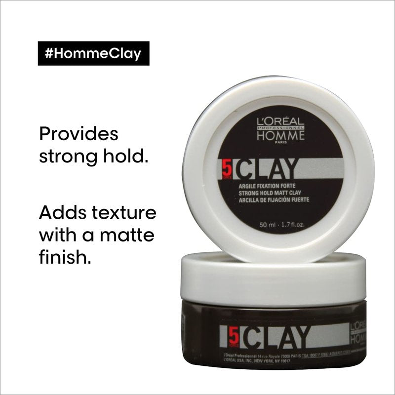 L'Oréal Professionnel Paris Styling Clay for Men - Strong Hold Hair Clay | Matte Finish, All Hair Types