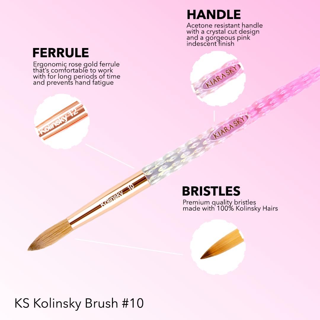 Kiara Sky Kolinsky Acrylic Nail Brush #10 – Pure Kolinsky Sable Hair, Pink Crystal Handle, Acetone Resistant, for Acrylic Application, Extensions & 3D Nail Art