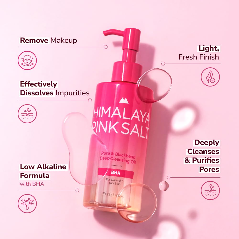 HIMALAYA PINKSALT Pore & Blackhead Deep Cleansing Oil BHA, 6.7 fl oz 2 Pack - Pore Purifying Oil Cleanser with BHA for Blackhead Removal, Makeup Remover with Refreshing Low Alkaline Formula