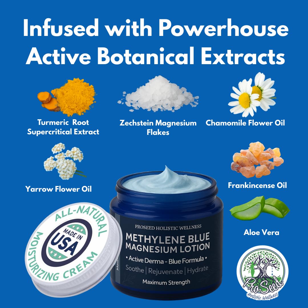 ProSeed Magnesium Lotion with Methylene Blue – Hydrating Face & Body Moisturizer with Yarrow, Turmeric, Chamomile & Vitamin E – Fast-Absorbing Cream for Dry Skin, Family-Friendly, 2 oz