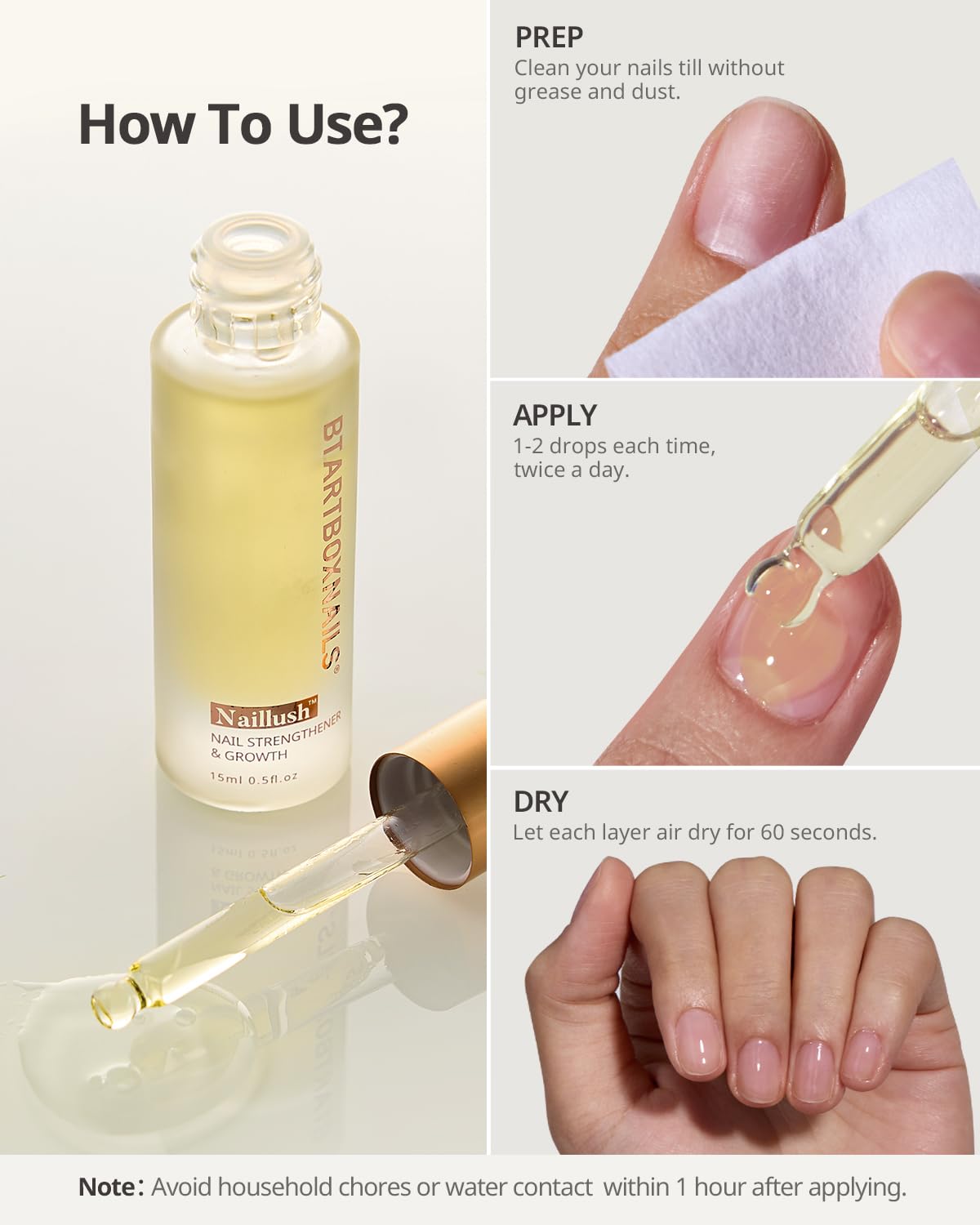 BTArtboxnails Naillush Nail Strengthener & Growth - Repair Damaged Nails, Strengthen Weak & Thin Nails, Extra Strong Nail Growth Treatment, Long Lasting Nail Hardener, 15ml