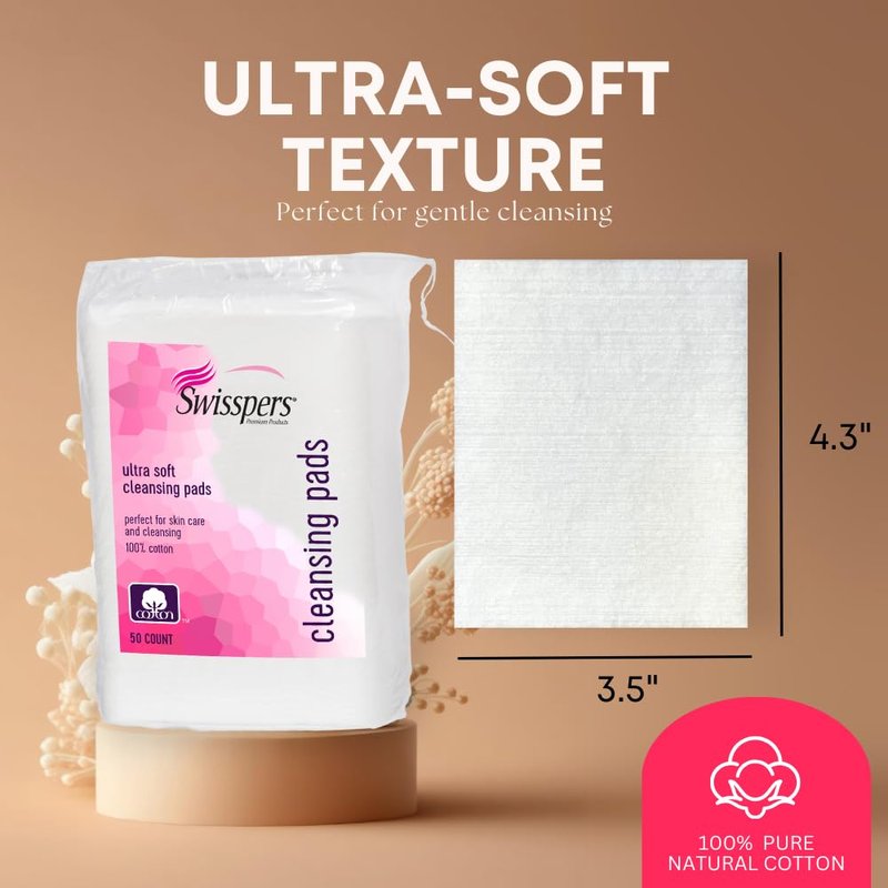 Swisspers Facial Cleansing Pads - Ultra Soft 100% Cotton | Extra Large 50 Pads per Bag (300 Total)