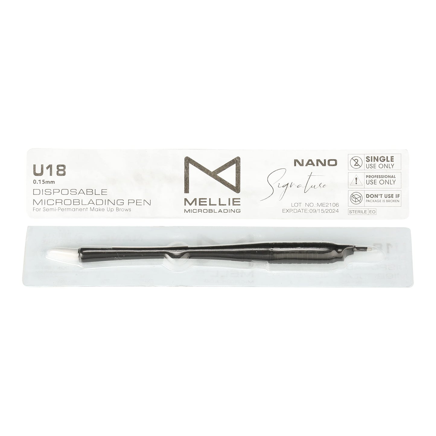 Mellie's Signature Microblading Eyebrow Pen (Pack of 10) - Disposable Microblading Pen with Sterilized Blade, Comfortable Rubber Grip and Pigment Sponge for Flawless Bro (U18 NANO .15mm, Black)