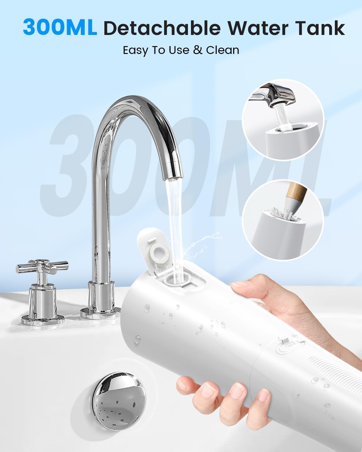 Water Flosser | Cordless Portable Dental Irrigator with 9 Jet Tips & 5 Modes - 300ML, IPX7 Waterproof (White)