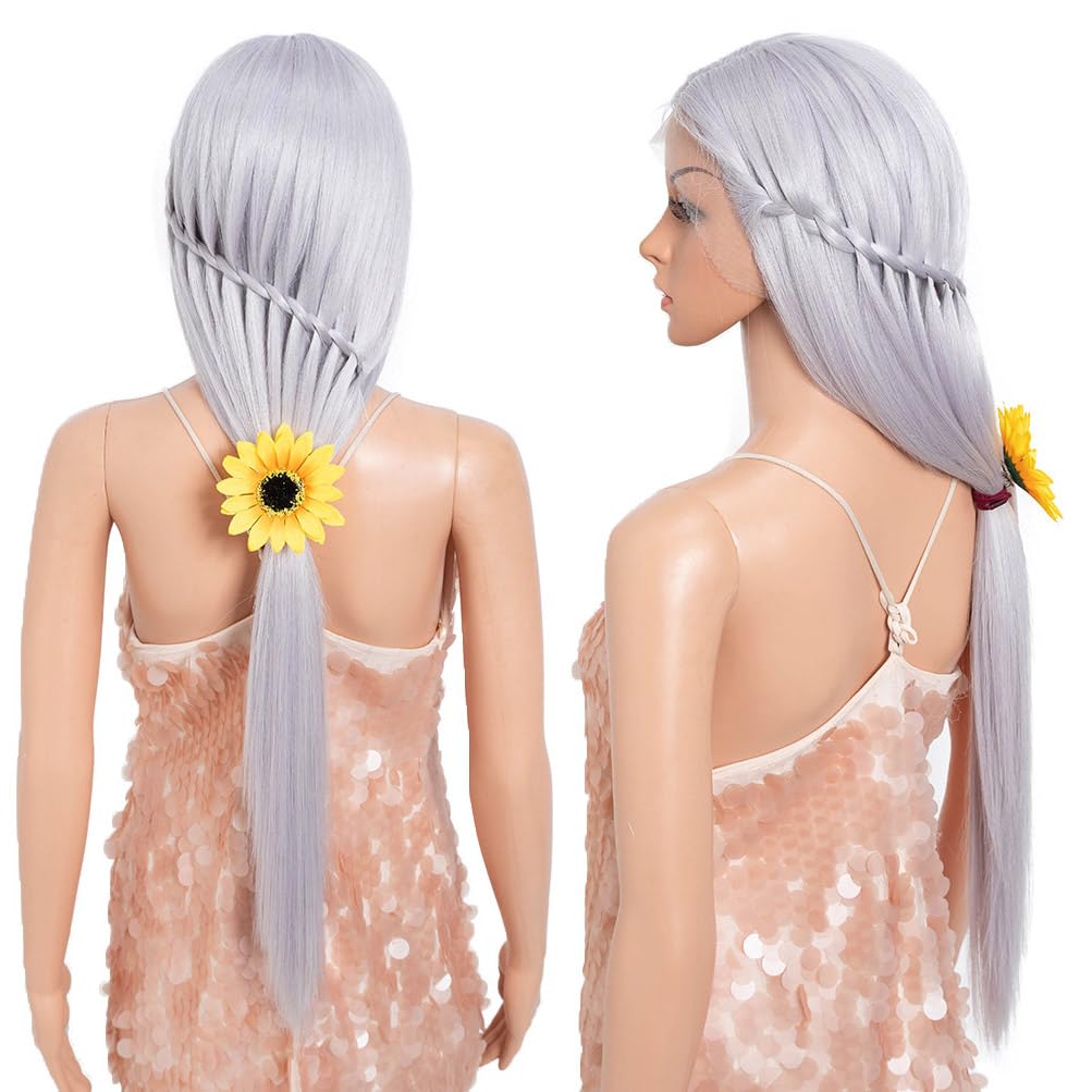Style Icon 32-Inch Long Straight Wig Mid-Part Lace Front Silky Smooth Synthetic Silver White Purple Color Wig
