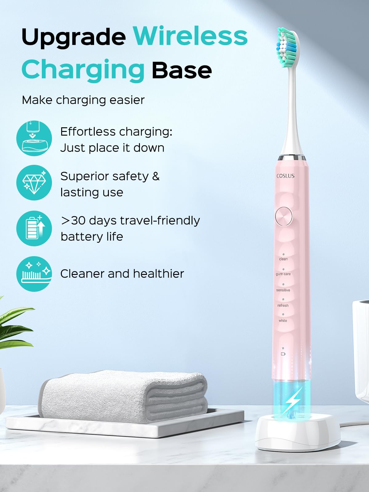 COSLUS C40 Sonic Electric Toothbrush for Adults: 47000 VPM for Deep Cleaning & Whitening with Travel Case - 5 Modes for Sensitive Teeth & Braces, Wireless Charging, 6 Brush Heads, Pink & Green (2PCS)
