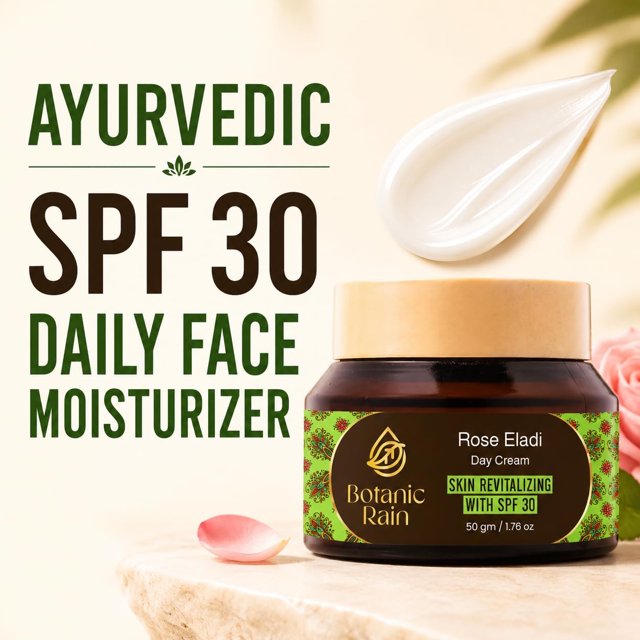 Ayurvedic SPF 30 Face Moisturizer – Rose Eladi Daily Hydrating Cream, Lightweight Non-Greasy Sun Protection for Men & Women, 1.76 Oz – Botanic Rain (Pack of 1)