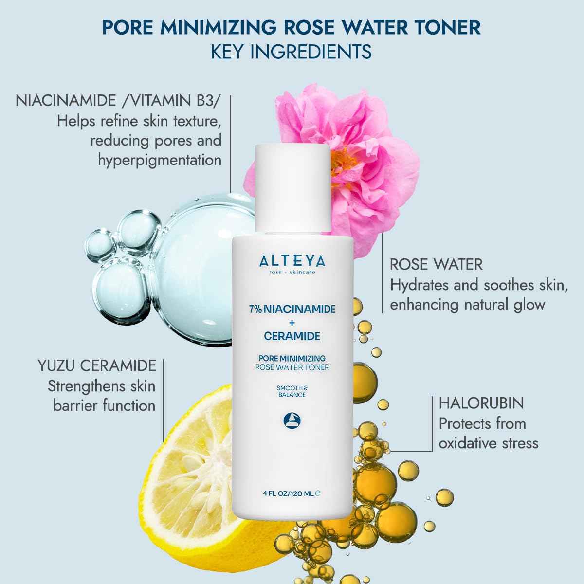 Alteya Organics Pore Minimizing Rose Water Toner (7% Niacinamide + Ceramide) - 4 Fl Oz/120mL