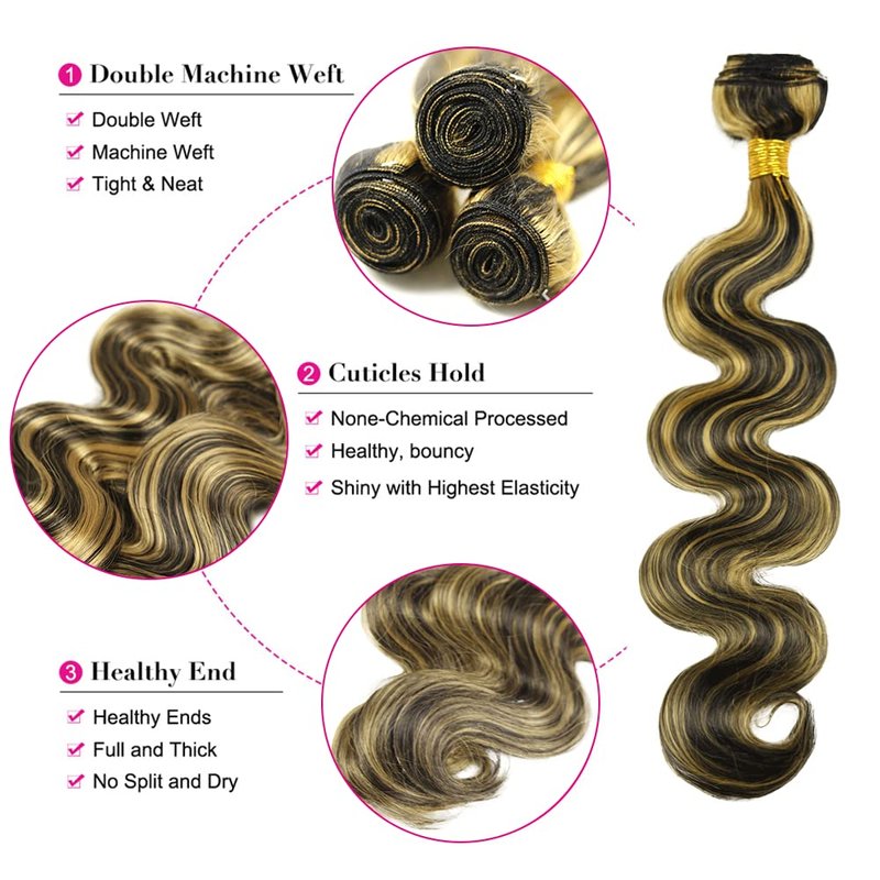 Human Hair Blonde Body Wave Bundles - 24 Inch Brazilian Virgin Soft Silky Remy Extensions | 2 Tone Black & Honey Blonde