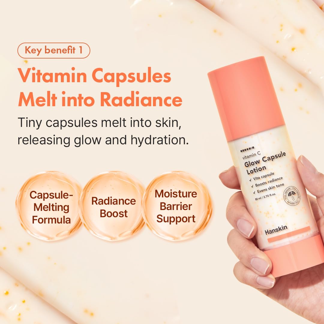 Hanskin Vitamin C Glow Capsule Lotion – Korean Lightweight Brightening Face Moisturizer for Radiant, Glowing, Even-Toned Skin | Niacinamide & Vitamin C Capsules | Skin-Boosting Skincare | 2.7 fl oz