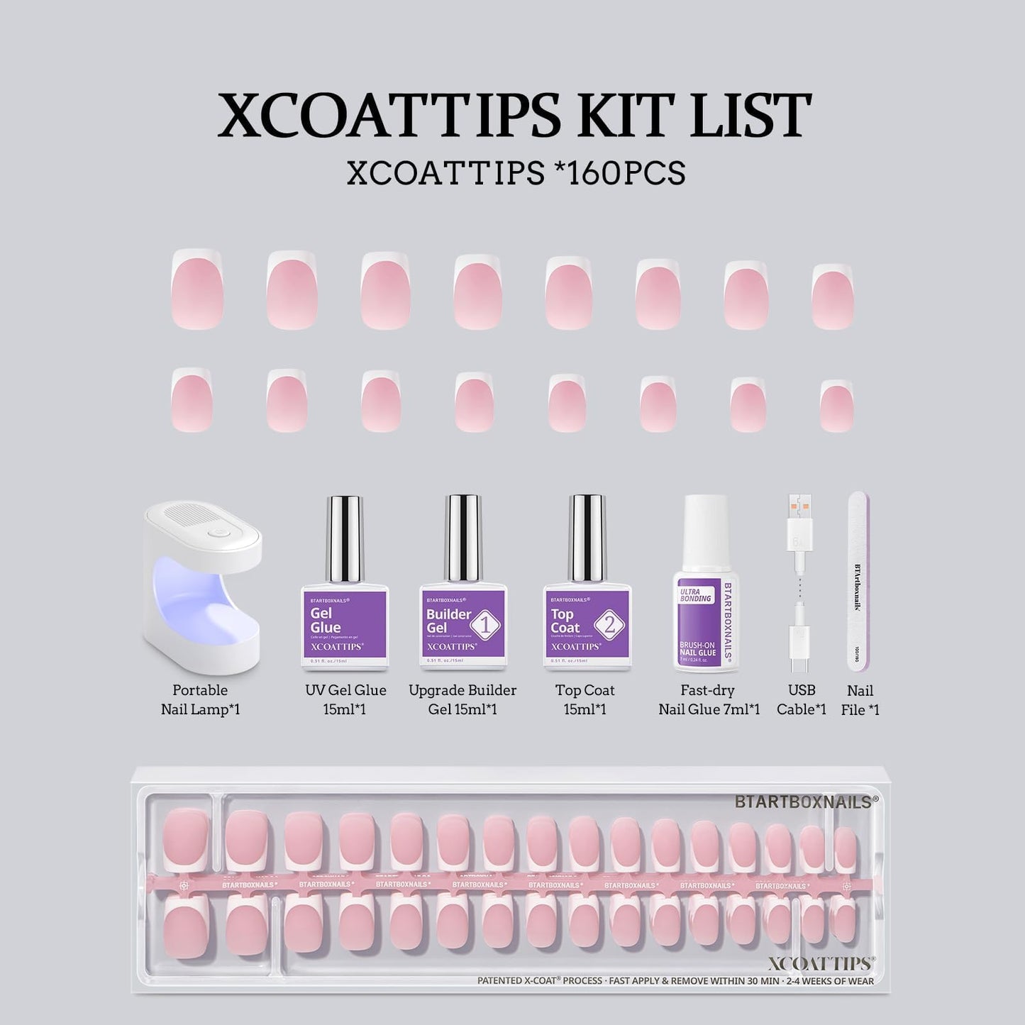 BTArtboxnails XCOATTIPS White French Tip Press On Nails Kit, S Square, Pink
