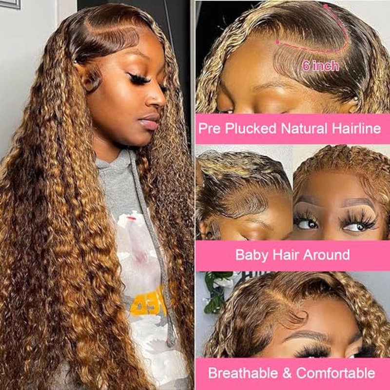 24 Inch 13x6 Deep Wave Lace Front Wigs Human Hair Pre Plucked #4/27 Highlight Ombre Colored Wigs Water Wave Honey Blonde Curly Lace Frontal Wigs Human Hair for Black Women with Baby Hair