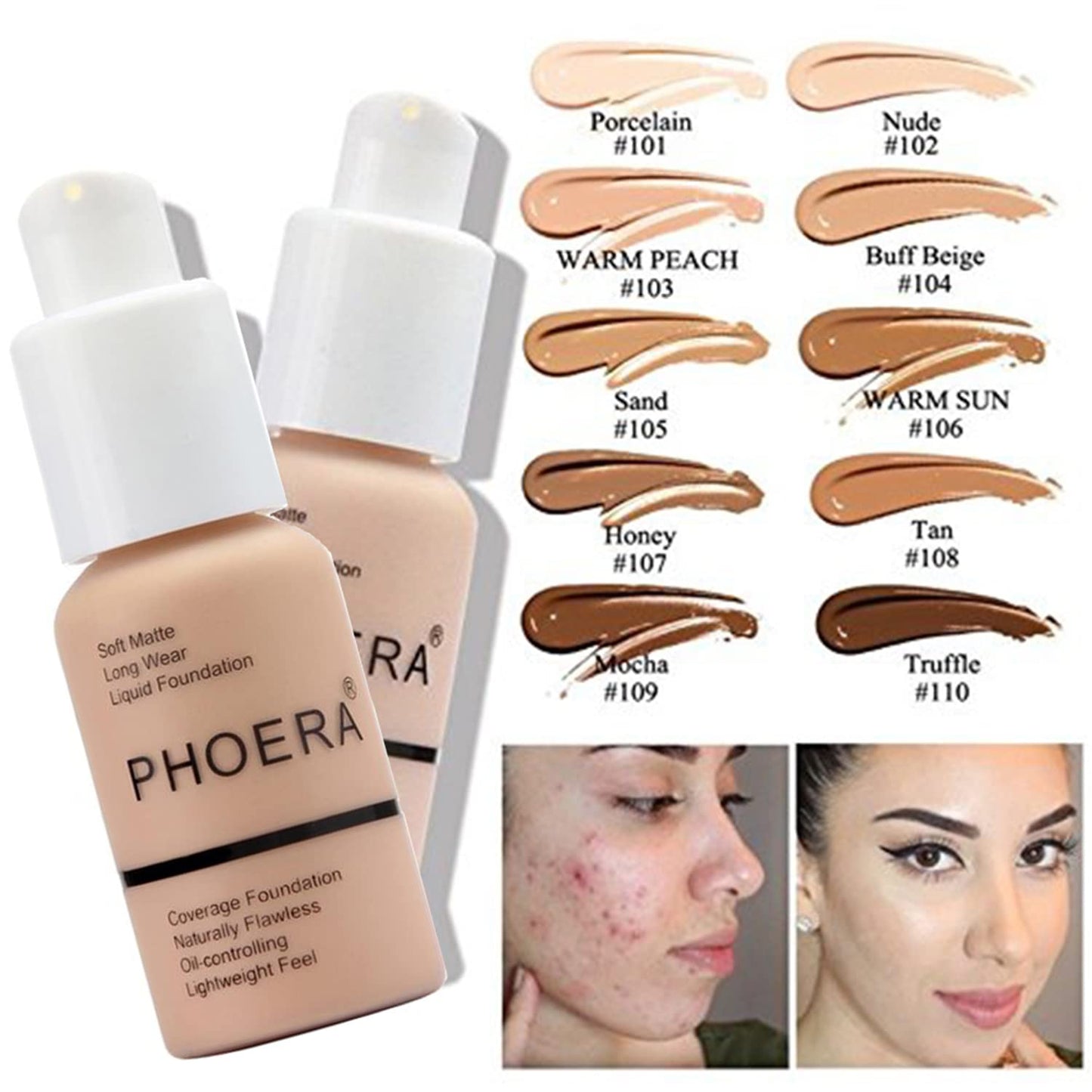 Hilareco PHOERA Foundation,3 PCS Contour Stick Makeup Kit,Shades with Highlighter Stick,Blush Stick and Bronzer Contour (104+Light-Medium Contour/Buff Beige+#02,#10,#12)
