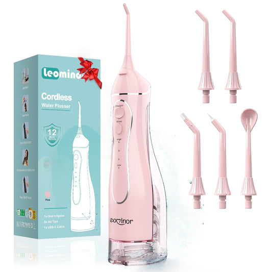Leominor Water Flosser Pick for Teeth, 300ML Portable Oral Irrigator Upgraded Tank Removable,IPX7 Waterproof, Rechargeable Travel Teeth Cleaner, Professional Electric Flossing Machine (Pink)