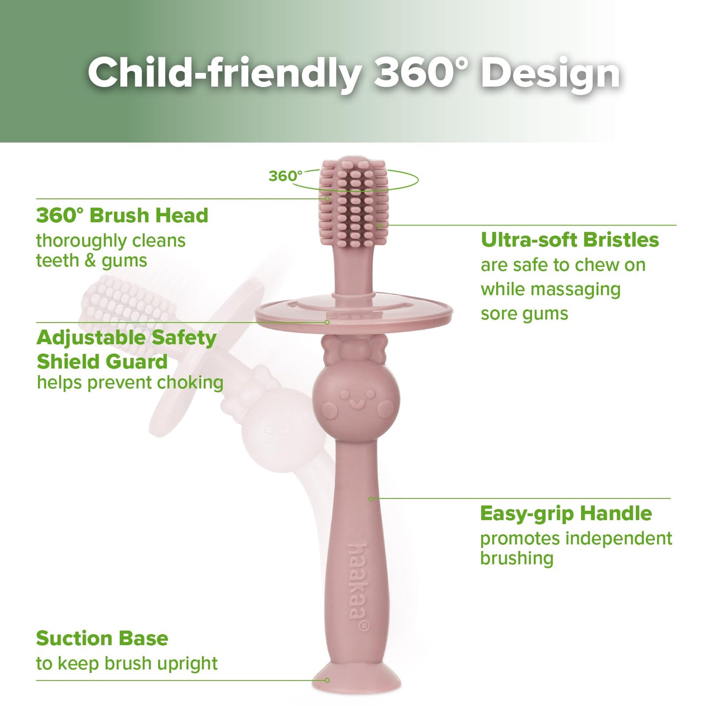 haakaa 360° Silicone Baby Toothbrush, Soft Infant First Brush, Tongue, Gum & Teeth Cleaner for 6M+, BPA-Free with Safety Shield and Suction Base - Blush (1 Piece)