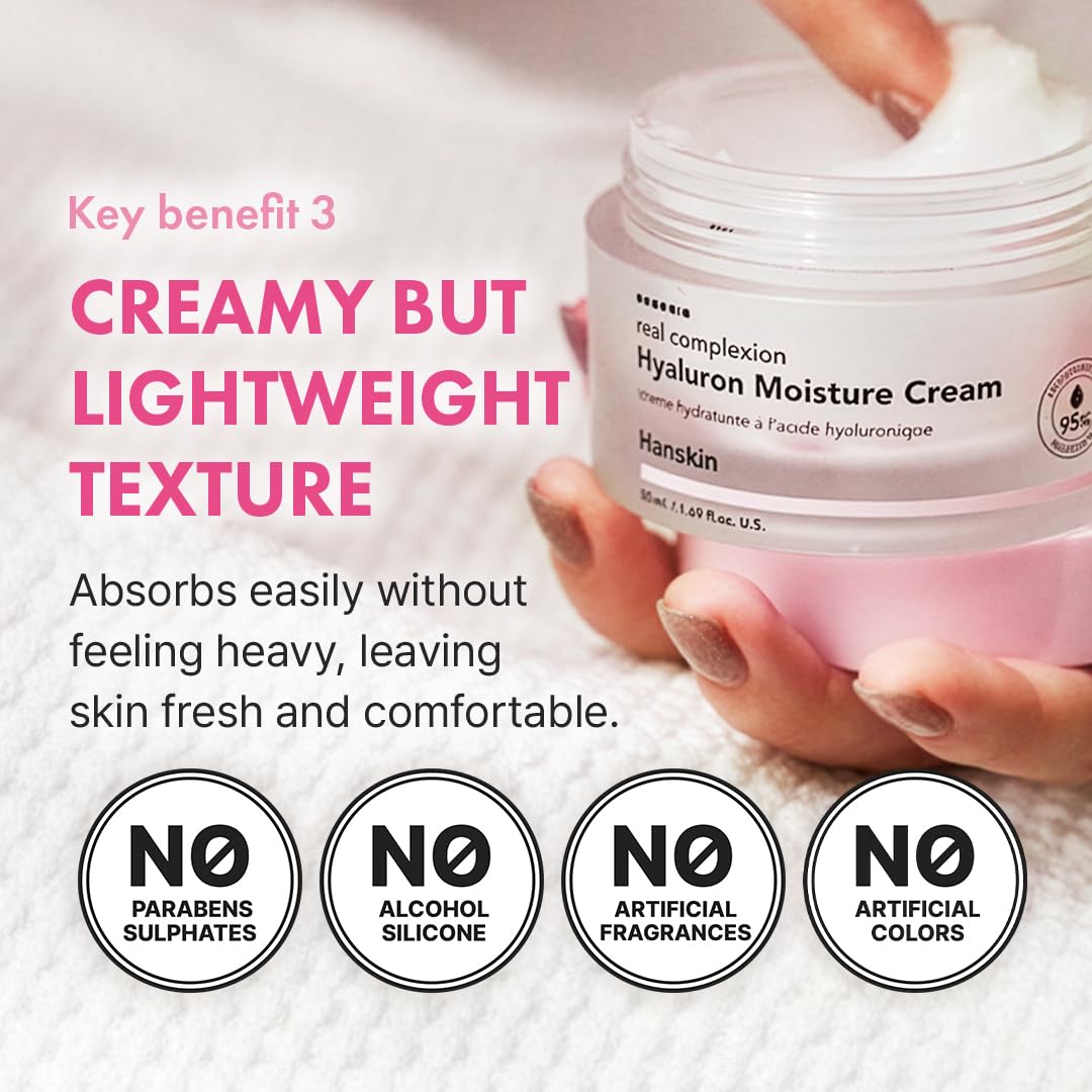 Hanskin Real Complexion Hyaluronic Moisture Cream,Hyaluronic Acid Moisturizer with Niacinamide Vitamin E Moisturizing Lotion for Sensitive and Dry Skin Korean Skincare 1.69 fl.oz.