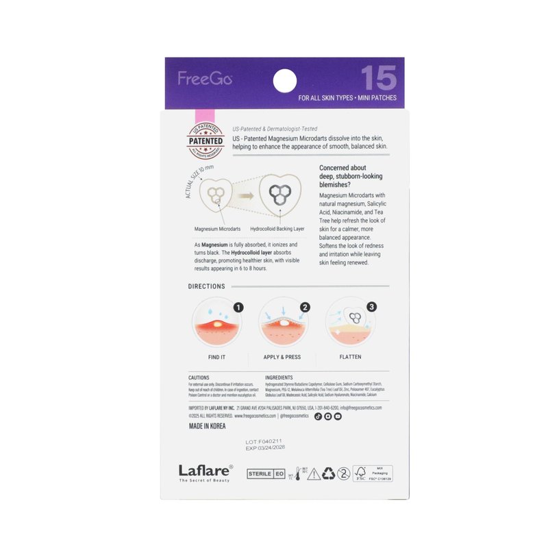 FreeGo Magnesium Blemish Microdarts Pimple Patch | Fast-Acting | Quick Calming | 99.9% Pure Magnesium | Madecassic Acid | Tea Tree | Eucalyptus Leaf | Hydrocolloid Spot Care Patch | 15 Patches