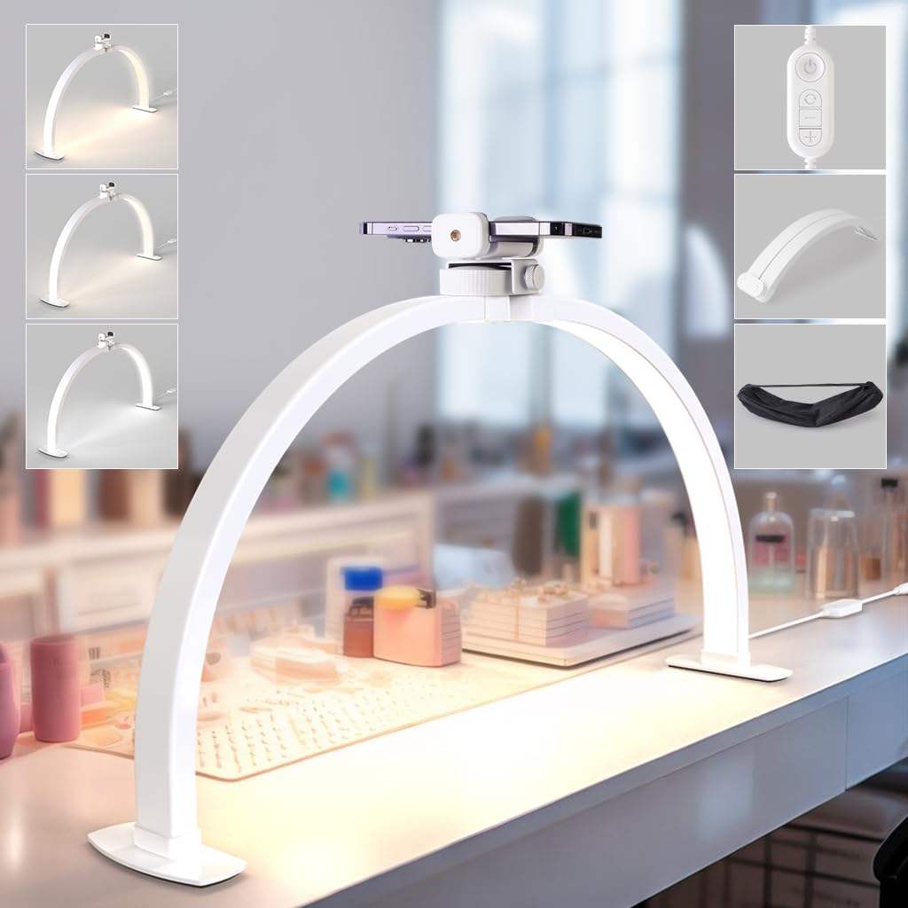 Lavinda Large Half Moon Light for Nail Desk, 29'' Nail Table Lamp with Phone Holder, 3000K-6000K Dimmable LED Desk Lamp with Wire Controller for Manicure DIY, Eyelash Extension, Skincare, Tattoo