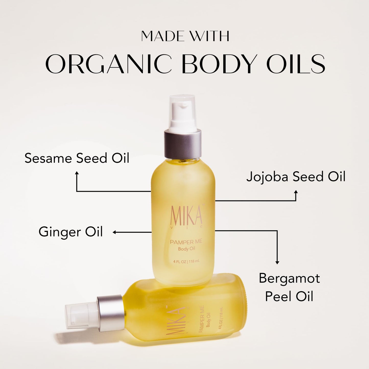Mika Vie Luxury Organic Body Oil After Shower for Women - 4 oz Moisturizing Body Oil for Dry Skin W/Sesame & Jojoba Seed, Ginger & Bergamot Oils - USDA|NOP Certified Organic, Non-Greasy, Paraben Free
