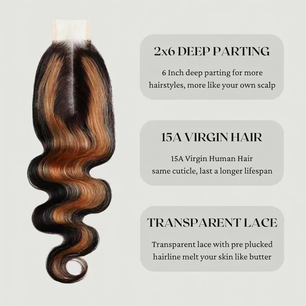 BQRIH #F1B/30 Brown Highlighted 2x6 HD Closure Only Body Wave Human Hair 12 Inch, 15A Salon Grade 100% Virgin Deep Part Ombre Honey Brown Highlight 2by6 Kim K Lace Closure Pre Plucked For Women Sew In