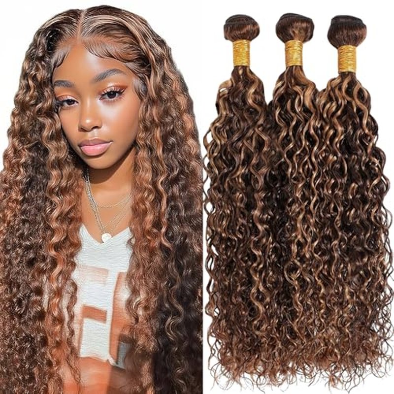 Highlight Brown Bundles P4/30 Water Wave Bundles Human Hair Bundles 20 22 24 Inch Unprocessed Brazilian Virgin Humen Water Wave Hair 3 Bundles Quick Weave Extensions For Black Women