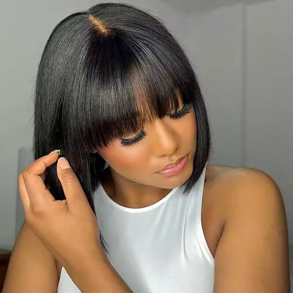 Lusina Bob Wig Human Hair With Bangs Glueless 2x4 HD Lace Colsure Wigs, Ready to Go Short Wigs For Women Beginner Friendly (Black, 10 Inch)