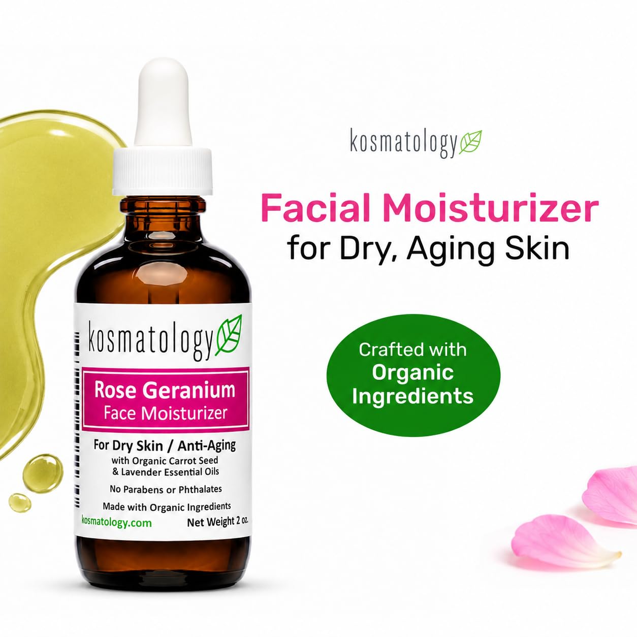 Organic Rose Geranium Facial Moisturizer - Anti-Aging Hydration for Dry & Sensitive Skin | Vegan & Cruelty-Free | 2 fl oz