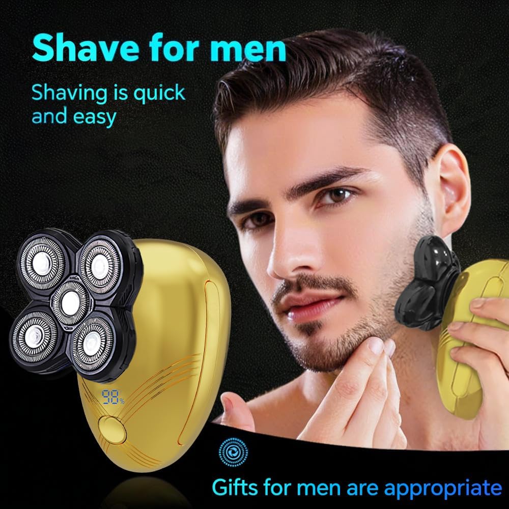 5-in-1 Electric Cordless Razor for Men | Bald Head Shaver Grooming Kit with Nose Trimmer & LED Display - Gold