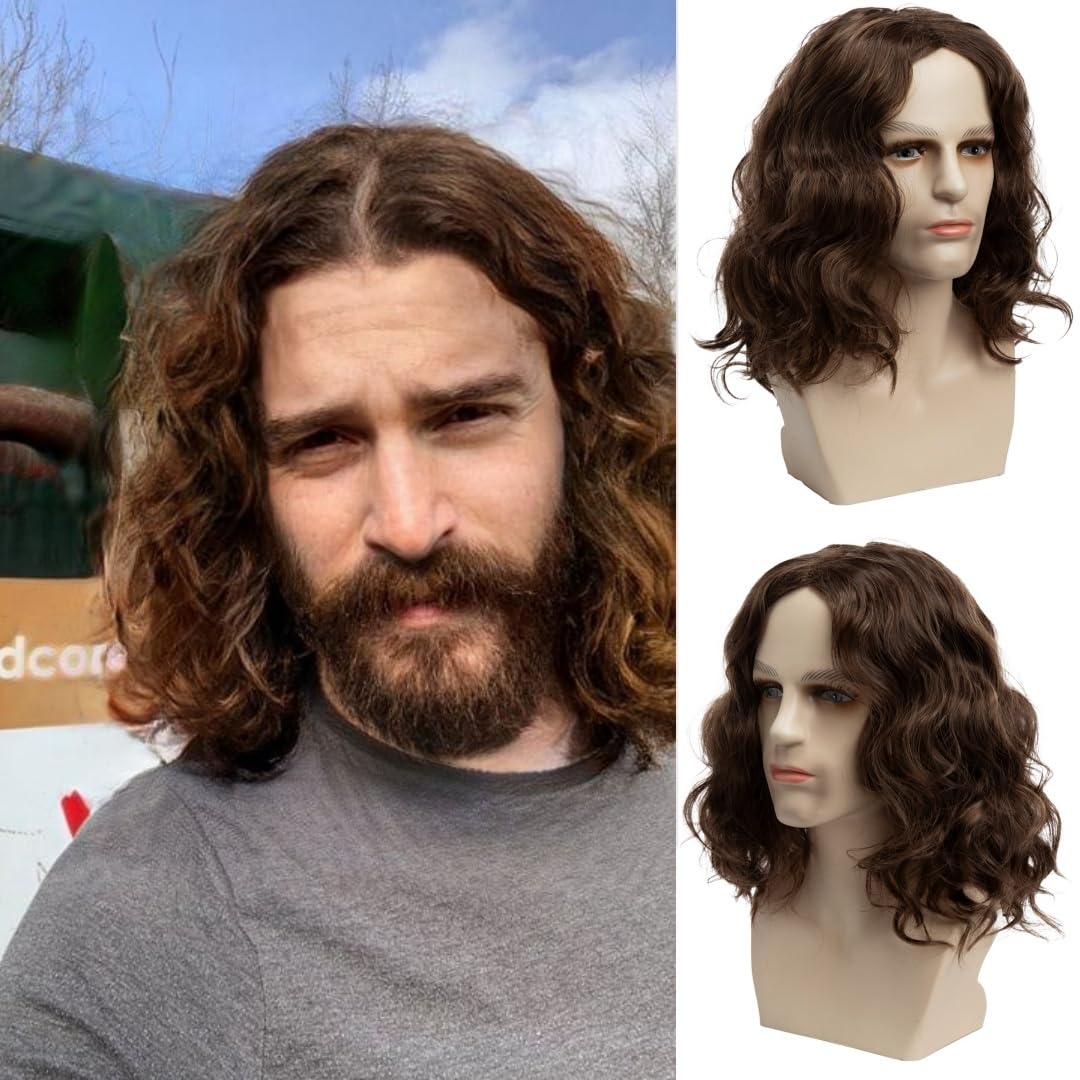 Wiwige Short Wavy Brown Wig for Men Middle Part Short Culry Synthetic Fiber Wig for Male