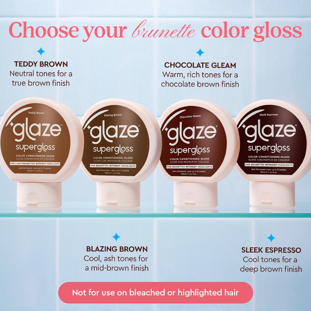 Glaze Supergloss Color Conditioning Gloss – Hydrating Semi-Permanent Color Hair Gloss & Shine Boost – For Natural Medium to Dark Brown Hair – 6.4 Fl Oz - Blazing Brown