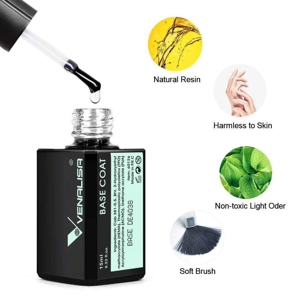 VENALISA Gel Nail Polish Set - 15ml Base & Top Coat, No Wipe, High Gloss Finish | Long-Lasting Tempered Polish Kit