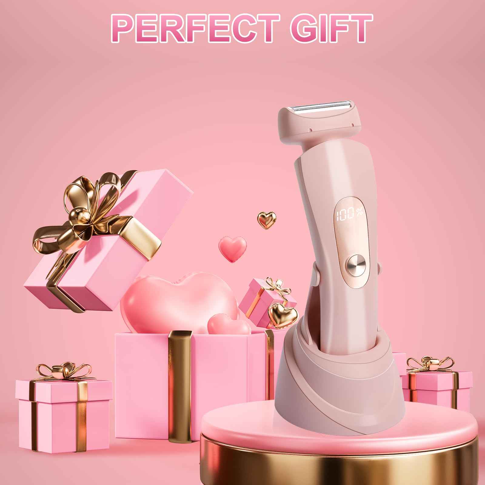 Luxsego 2 in 1 Electric Bikini Trimmer for Women, IPX7 Waterproof Wet & Dry Use Electric Razors for Women Pubic Hair, Painless Bikini Shaver with LED Light & Display, Dual USB Charge Dock, Pink