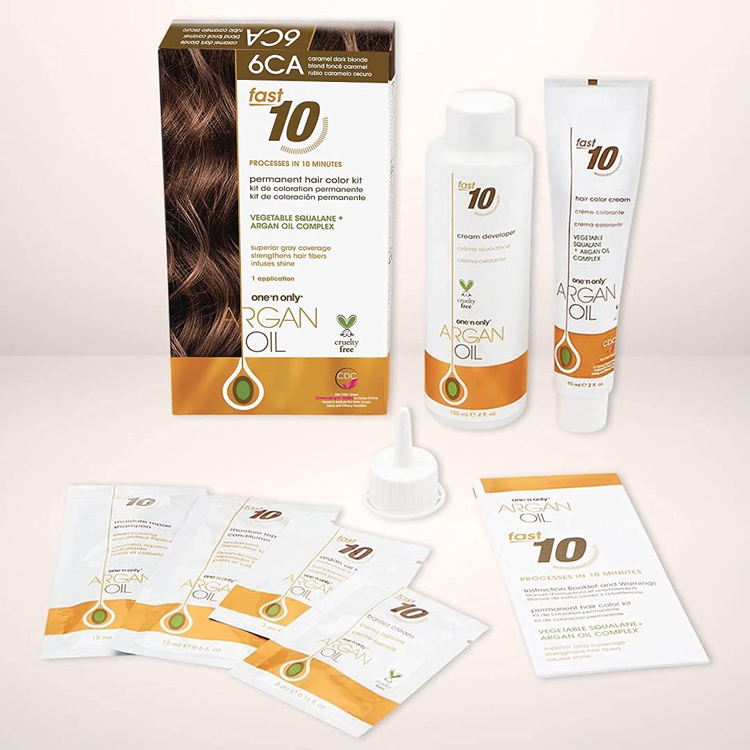 One 'N Only Fast 10 Permanent Hair Color Kit - Hair Dye for Women with Argan Oil to Maintain Moisture Balance - Advanced Micro-Pigments for Natural Tones (6CA Caramel Dark Blonde)