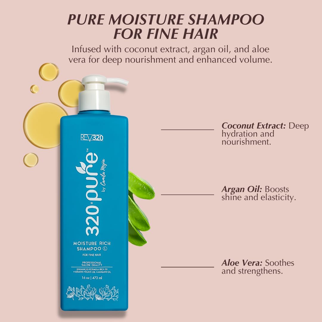Rev320 320Pure Moisture Rich Shampoo for Fine Hair 16oz, Repairing, Lightweight & Volumizing Formula, Best Cleaner for Dry, Thin, or Fine Hair, Pure & Natural, Hydrating Shampoo for Women