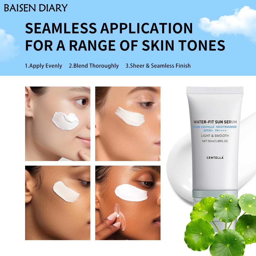BAISEN DIARY Centella Sunscreen SPF 50 PA++++, Hyalu Cica Water-Fit Sun Serum, Lightweight Sunscreen with Centella Asiatica, Hydrating & Non-Greasy Sun Protection for Sensitive Skin