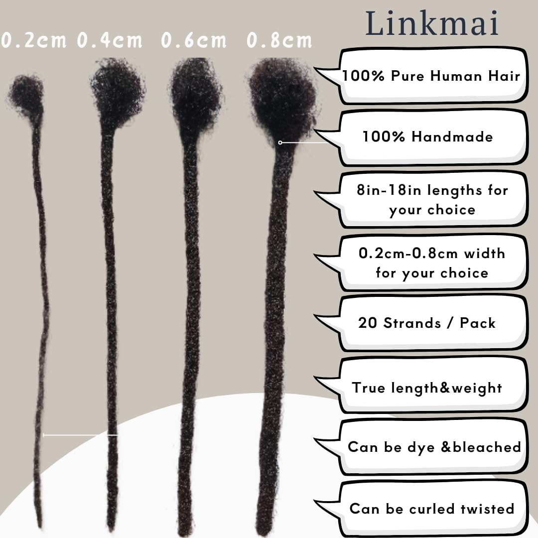 LinkMai 0.2-0.8cm Locs 8-18 I nch 20 Strands 100% Real Human Hair Dreadlock Extensions for Man/Women Permanent Loc Extensions Bundles Can Be Dyed Bleached Curled & Twisted (0.4CM, 1B, 18 INCH)