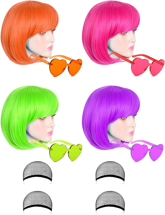 LOHO MAGICA 4 Pack Colored Wigs Neon Colorful Wig Short Bob Hair Neon Fun Party Wigs Costume Wig with Heart Sunglasses(Orange, Hot Pink, Green, Purple)