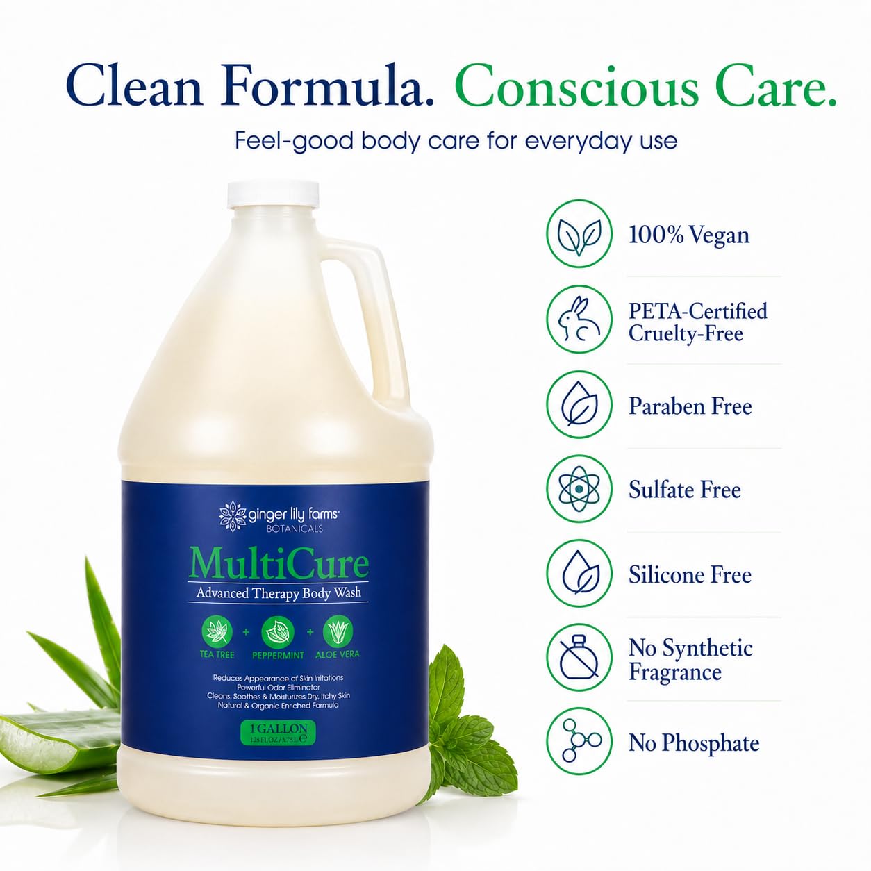 Ginger Lily Farms Botanicals MultiCure Advanced Therapy Body Wash with Tea Tree Oil, Peppermint and Aloe Vera, 100% Vegan & Cruelty-Free, 1 Gallon (128 fl oz) Refill