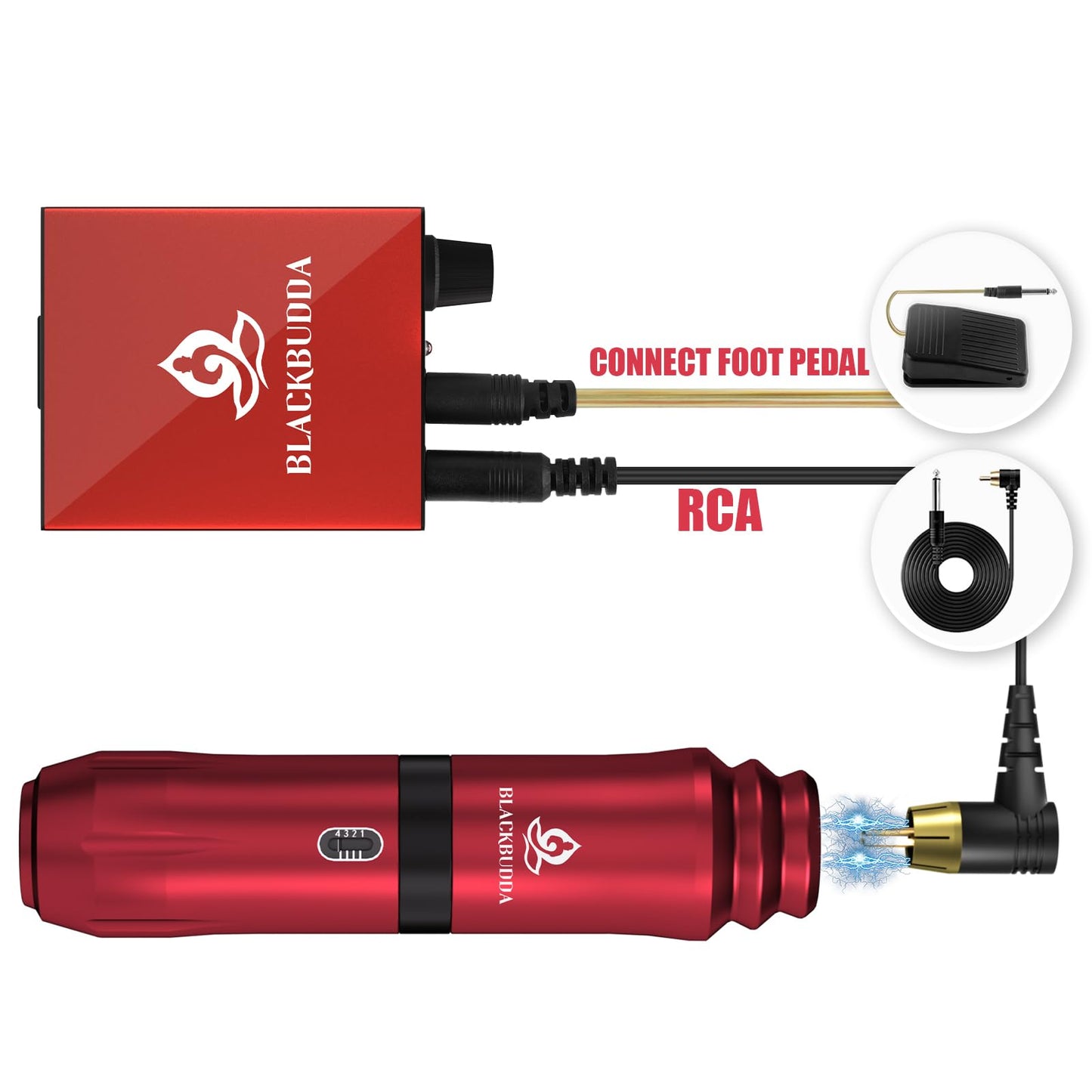 Blackbudda Tattoo Kit for Beginners, Complete Tattoo Gun Kit with Rotary Pen, Power Supply, Foot Pedal, 7 Inks, 10 Cartridge Needles, Practice Skin - 40 Piece Tattoo Supplies Starter Set (Red)