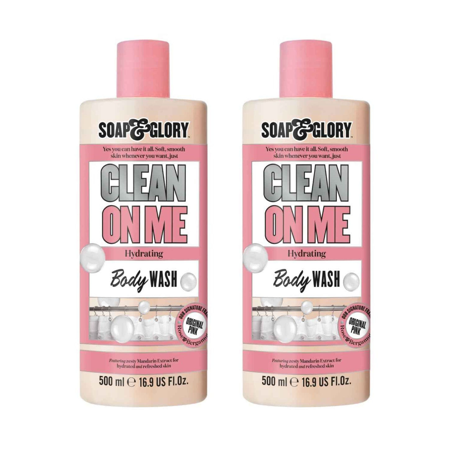 Soap & Glory Original Pink Clean On Me Body Wash - Hydrating Shower Soap & Skin Cleanser with Built In Body Lotion for Hydration - Bergamot & Rose Scented Moisturizing Body Wash (500 ml, 2 pack)